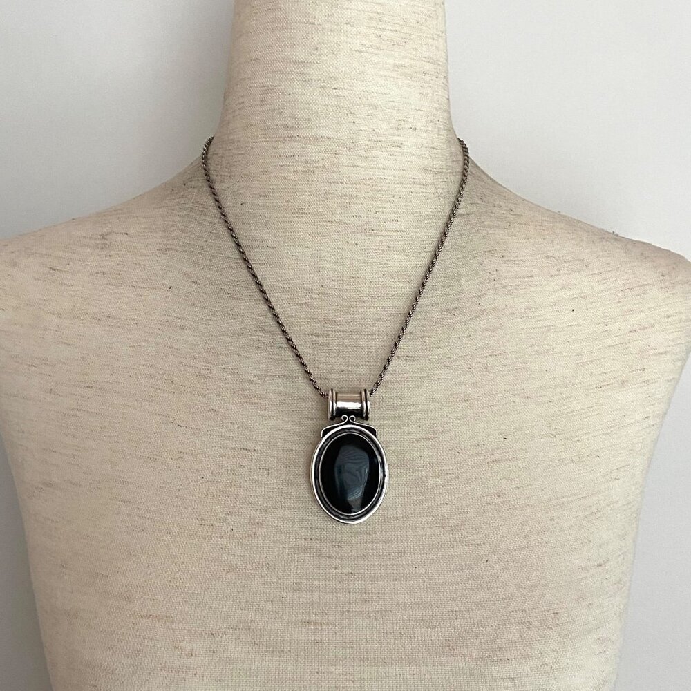Sterling Silver 925 2" Chunky Oval Black Onyx Pendant Necklace 18" Rope Chain - Picture 2 of 16